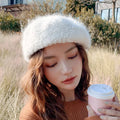New Winter Rabbit Fur Lamb Solid Beret Hat Women British Style Painter Cap Retro Knitted Warm Berets Cap