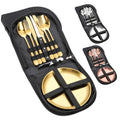 Portable Stainless Steel Cutlery Set for Picnic & Camping Gold Metal Flatware with Opener Plate for Travel