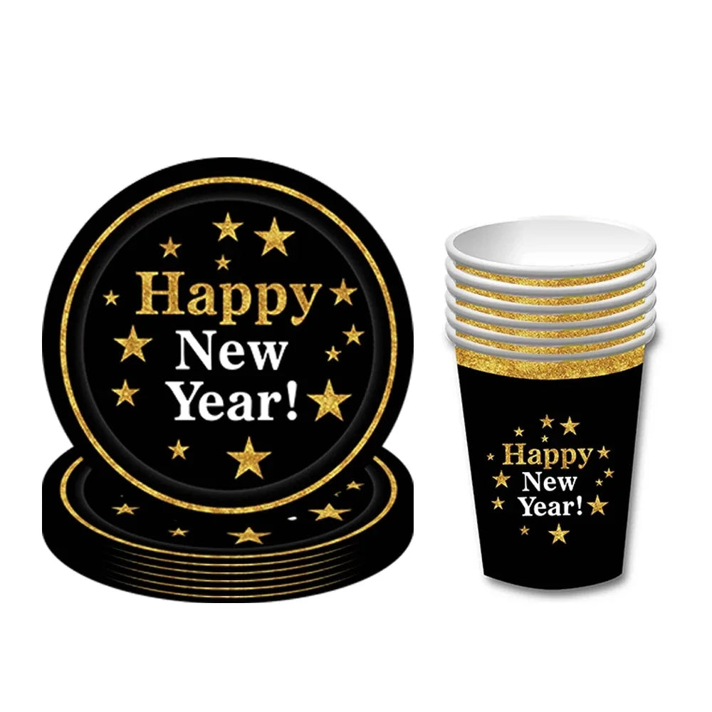 Happy New Year Party Supplies Paper Cup and Plate Set for Decoration Tableware & Table Decorations