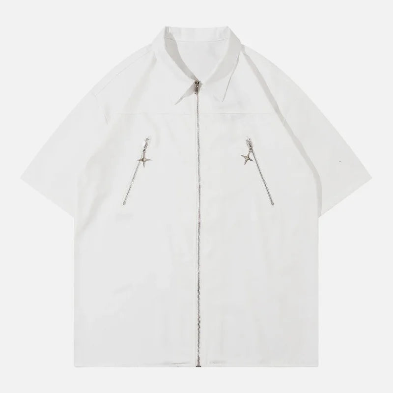 Oem/Odm Men 80% Polyester 20% Spandex Breathable Solid Color Zip-Up Short Sleeve Double Pocket Casual Shirt Anti-Pilling