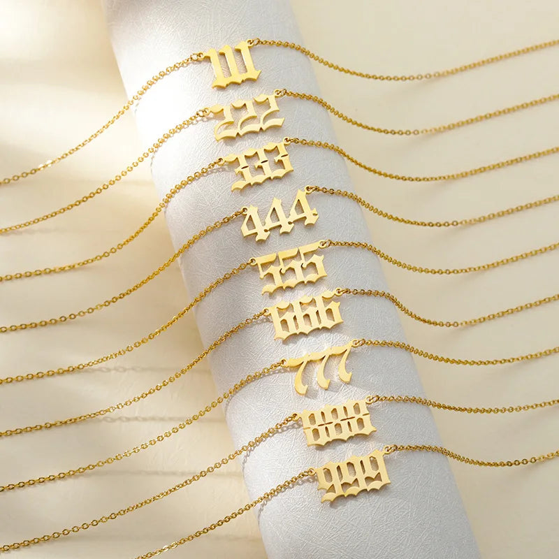 Trendy 18k Gold Plated Lucky 111 222 333 444 555 666 777 888 999 Pendant Woman Stainless Steel Angel Number Necklace for Gift