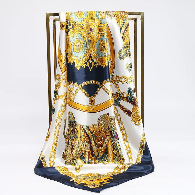 Wholesale Muslim Hijabs Luxury Printed Scarf for Women Silk Square Scarves Head Wrap Vintage Chain Leopard Satin Silk Scarf