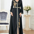 Women's Muslim Dress V Neck Elegant Black Moroccan Kaftan Caftan Modest Dress Abaya Islamic Clothes