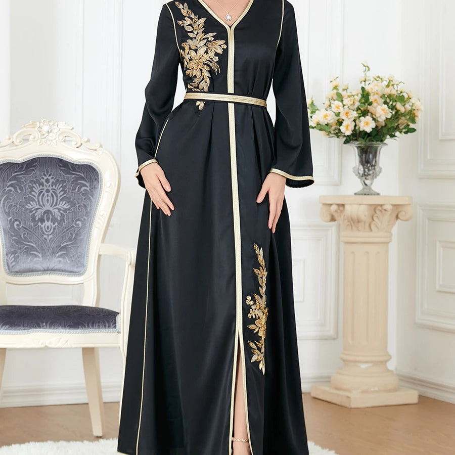 Women's Muslim Dress V Neck Elegant Black Moroccan Kaftan Caftan Modest Dress Abaya Islamic Clothes