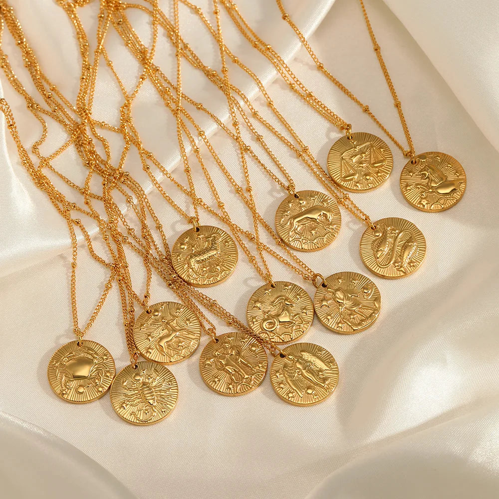 Trendy Gold Plated Astrology Link Chain Necklace Jewelry Women's No Fade Stainless Steel Zodiac Sign Pendant Necklace for Gift