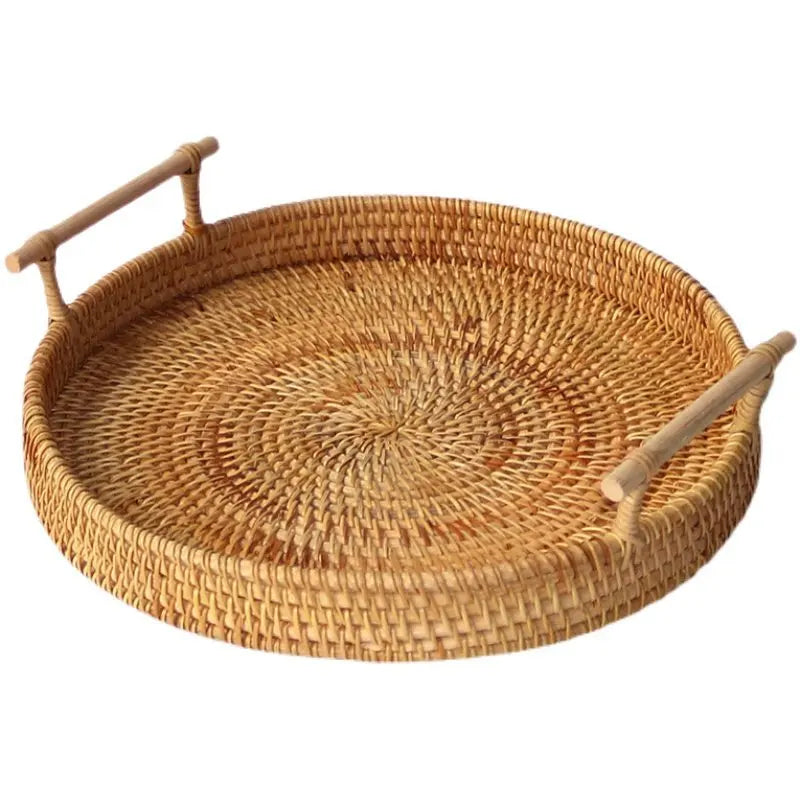 Rattan Round Basket with Handles Woven Organizer Basket Food Serving Baskets Tray