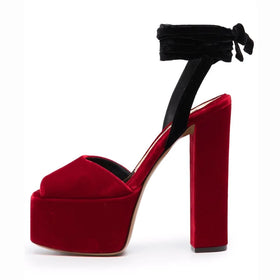Elegant Women Peep Toe Block Heel Ankle Strap Sandals Red Velvet Lace up Shoes Chunky Heel Party Footwear