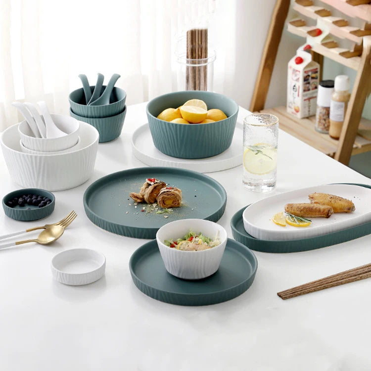 Simple Design Hotel Restaurant Matte Dark Green White Porcelain Plate Set Nordic Ceramic Dinnerware Set