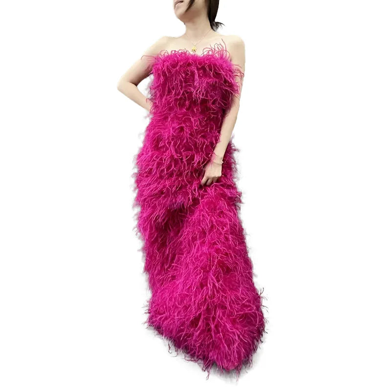 Custom Make Luxury Real Ostrich Feather Dress Fluffy Elegant Evening Dress