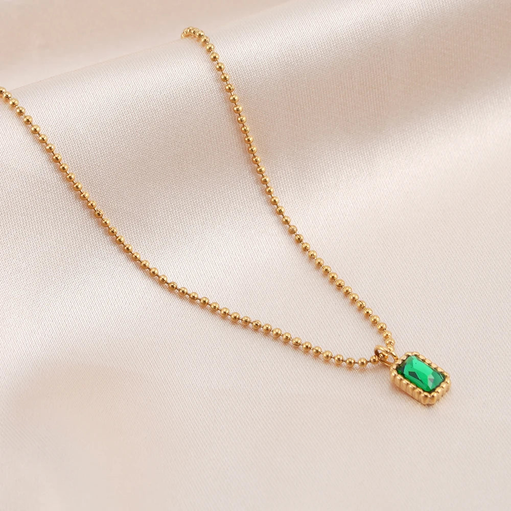 Fashion Jewelry Cubic Zirconia 18K Gold Plated Square Emerald Green Zircon Necklace for Women