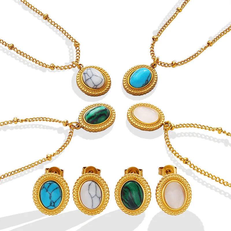 Bohemian Style Natural Turquoise Opal Inlaid Earring and Necklace Stainless Steel Jewelry Set for Women