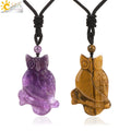CSJA Trendy Reiki Spiritual Energy Gemstone Quartz Animal Carving Natural Healing Stone Crystal Owl Pendant Man Necklace H308