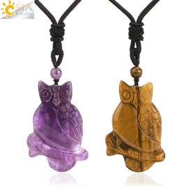 CSJA Trendy Reiki Spiritual Energy Gemstone Quartz Animal Carving Natural Healing Stone Crystal Owl Pendant Man Necklace H308