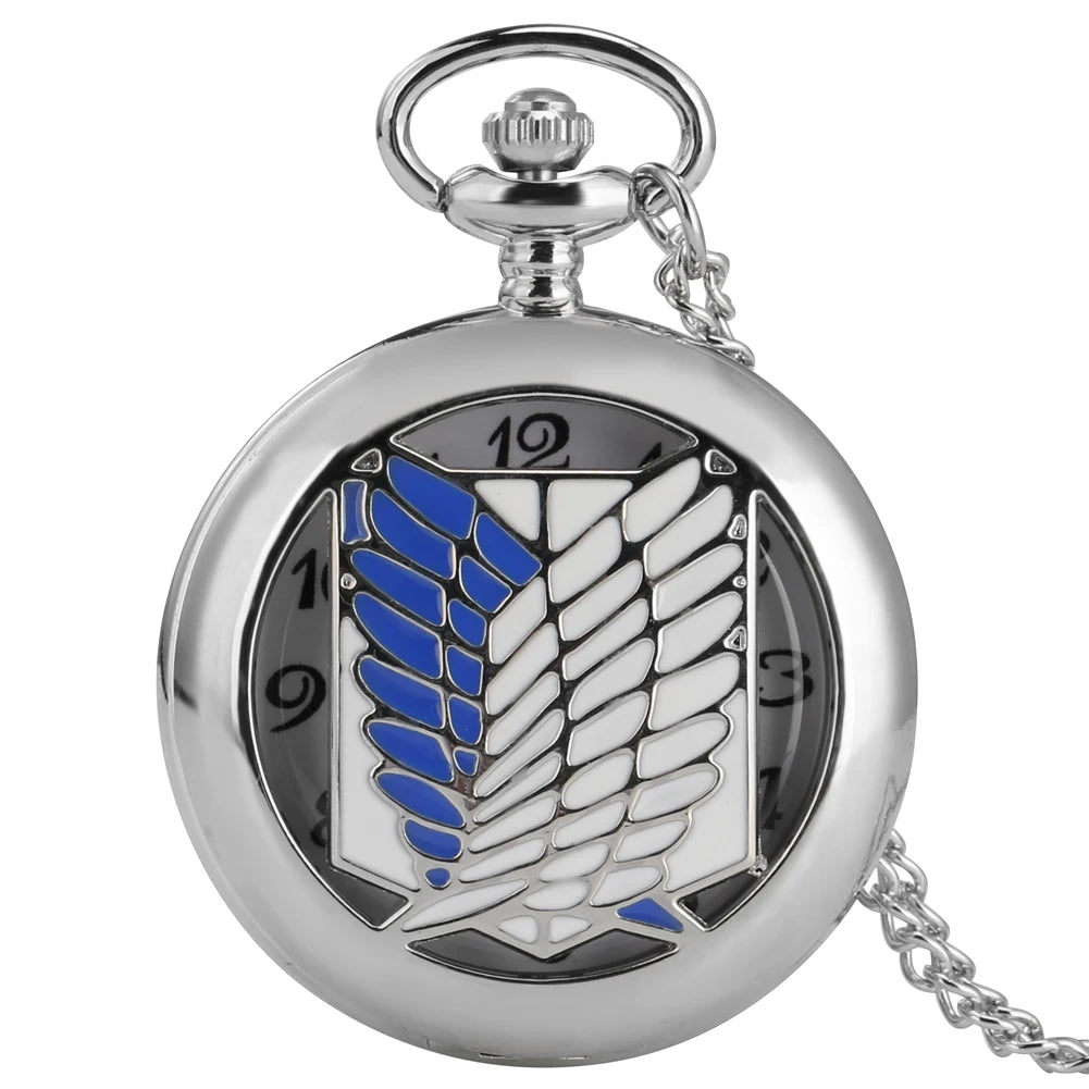 Retro Anime Creative Wing Sliver Men Pocket Watch with Chain Hollow Locket Watch Pendant Necklace for Collectible Gift