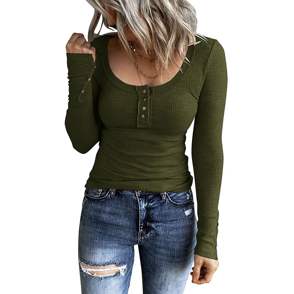 Wholesale Casual U Neck Shirts Custom Logo Blouses Women Solid Color Long Sleeve Knitted Top