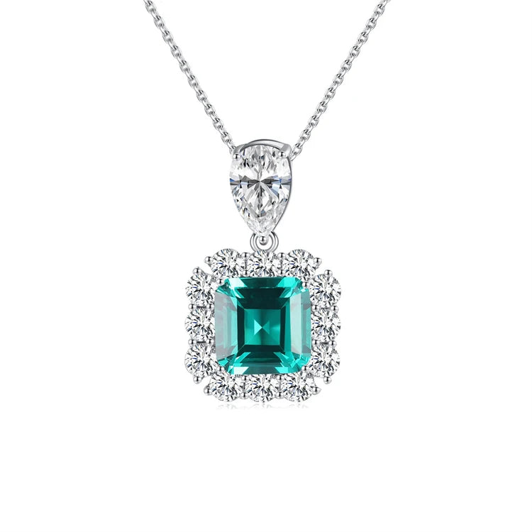 Fine Jewelry Square Shape Emerald Gemstone Pendant 925 Sterling Silver Zircon Diamond Gemstone Necklace For Women