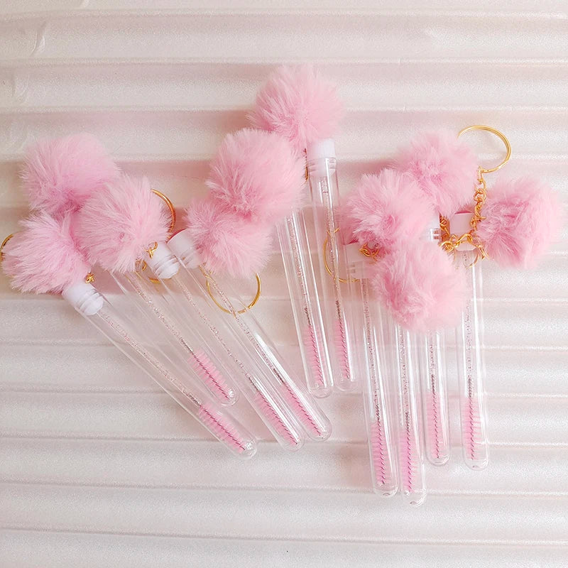 Custom Cleaning Brush Mascara Eyelash Eyebrow Brush Tube With Gold Keychain Wand Lash Extension Wand with Fur Ball