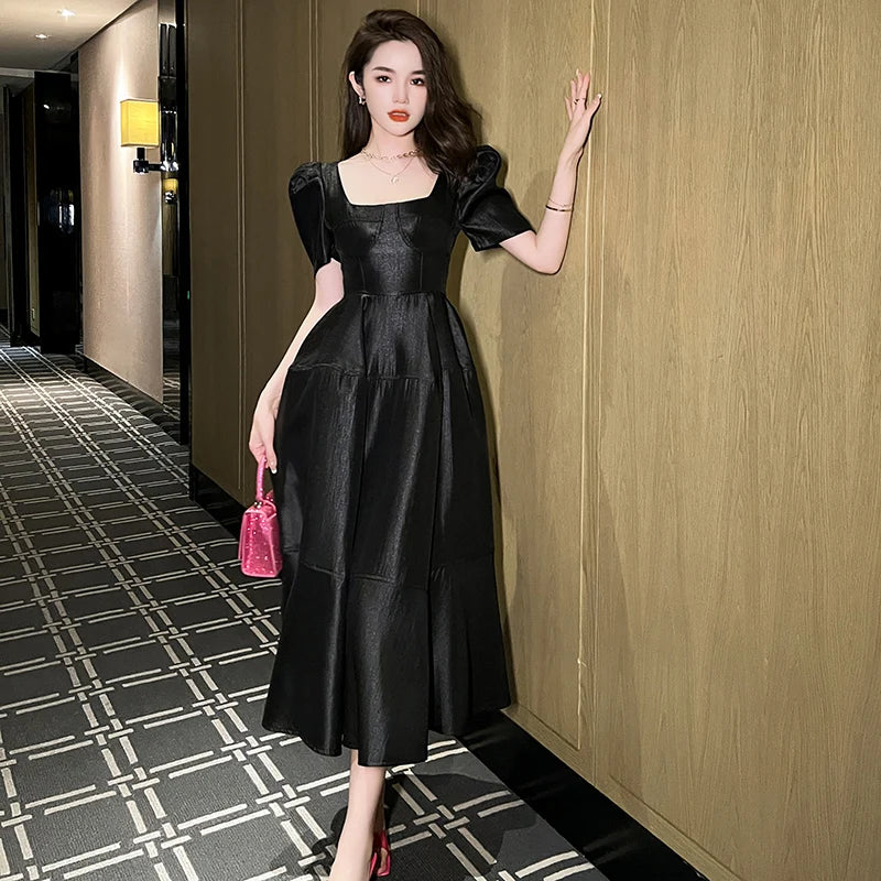 ZYHT 9624 Women Puff Short Sleeve High Waist Maxi A-Line Large Swing Hem Dress Square Collar Casual Black Satin Dress