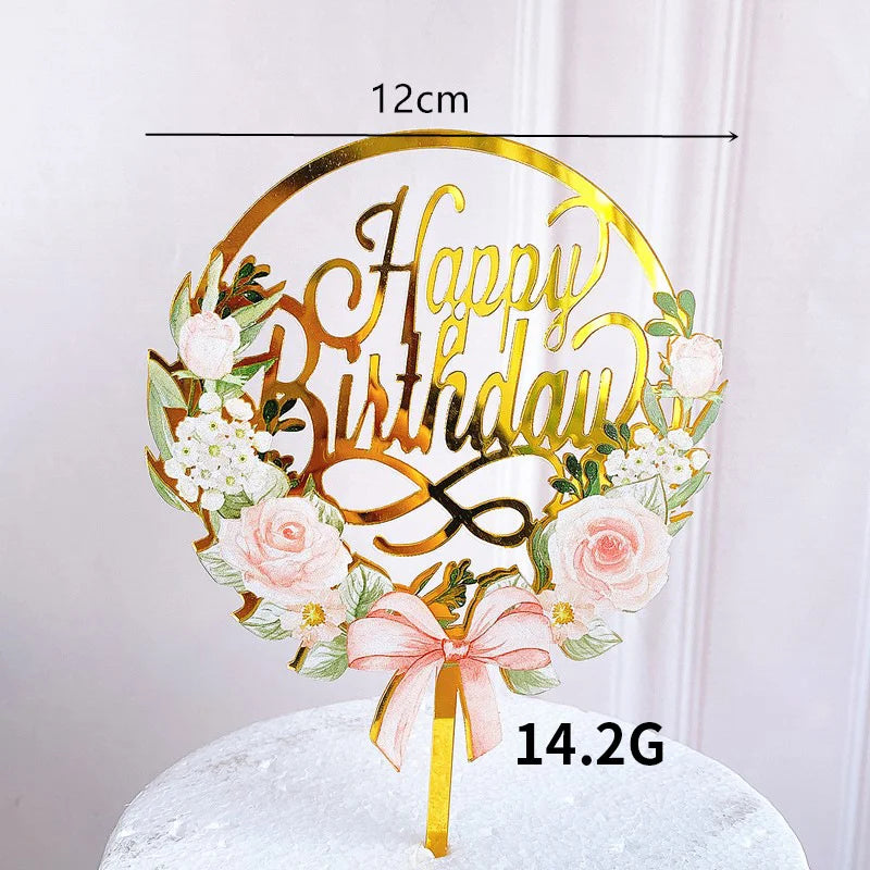 Flowers Golden Acrylic Happy Birthday Happy Mother's Day Anniversary Cake Topper Birthday Party Dessert Decoration