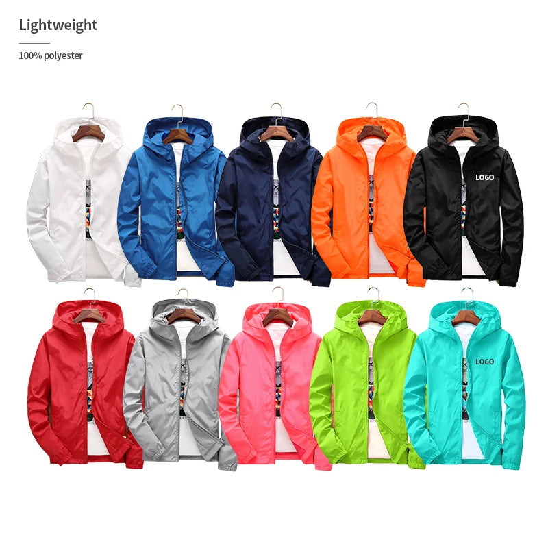 Wholesale Men's 100% Polyester Jacket Hood Custom Logo Print OEM Service Softshell Light Solid Color Dye Multiple Sizes