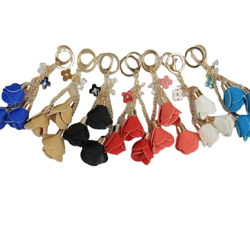 Cheap Price Leather Rose Flower Key Chain Bag Pendant Wholesale Key Ring Jewelry