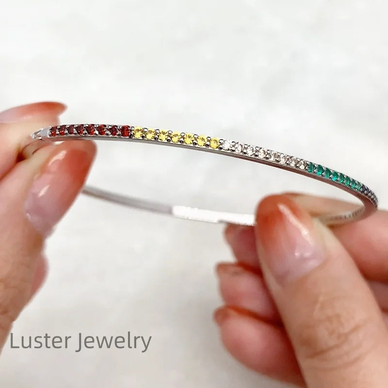 Luster Trendy 18K Gold Plated Round Shape Pave Rainbow Zircon Diamond Cuff Bangle for Fashionable Women 2023