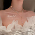Fashion Simple Real Gold Plating Y Shape Stick Pendant Necklace Korean Pearl Diamond Multilayer Long Tassel Necklace for Women