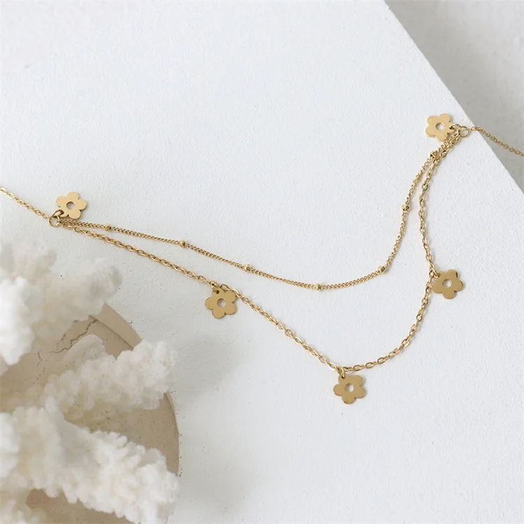 Dainty Double Layer Chain Necklace Gold Plated Cute Flower Charm Necklace