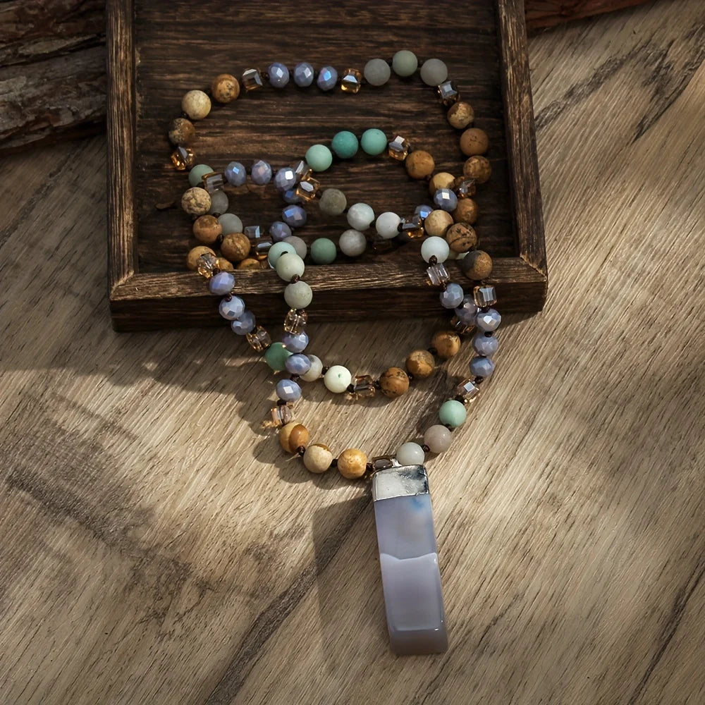 Women Festival Gift Fashion Bohemian Jewelry Necklace 8mm Bead Stone Knotted Agate Square Column Pendant Necklaces