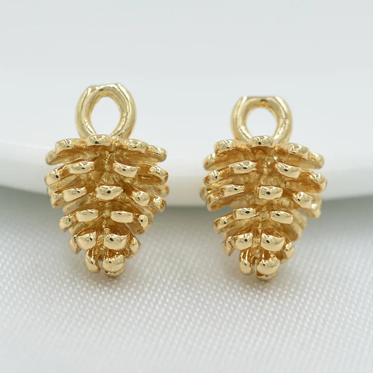 Dainty Pinecone Charm  Brass Gold Plated Pine Cone Pendant for Jewelry Making Supplies 15*12mm