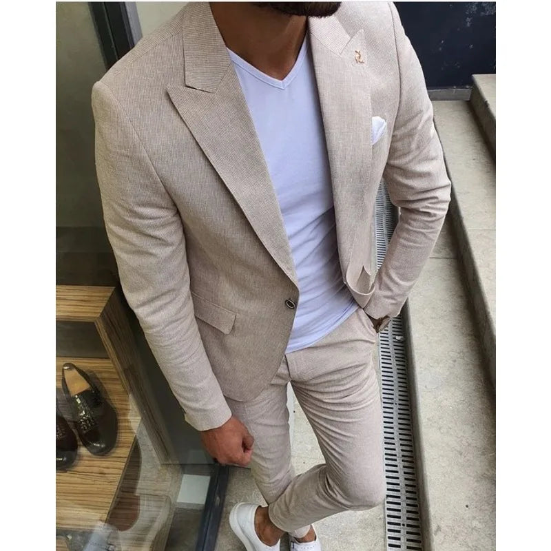 2 Pcs Summer Slim Fit Mens Suits One Button Casual Tuxedo Suits Wedding Groom Blazer Costume Homme Terno Masculino Trajes