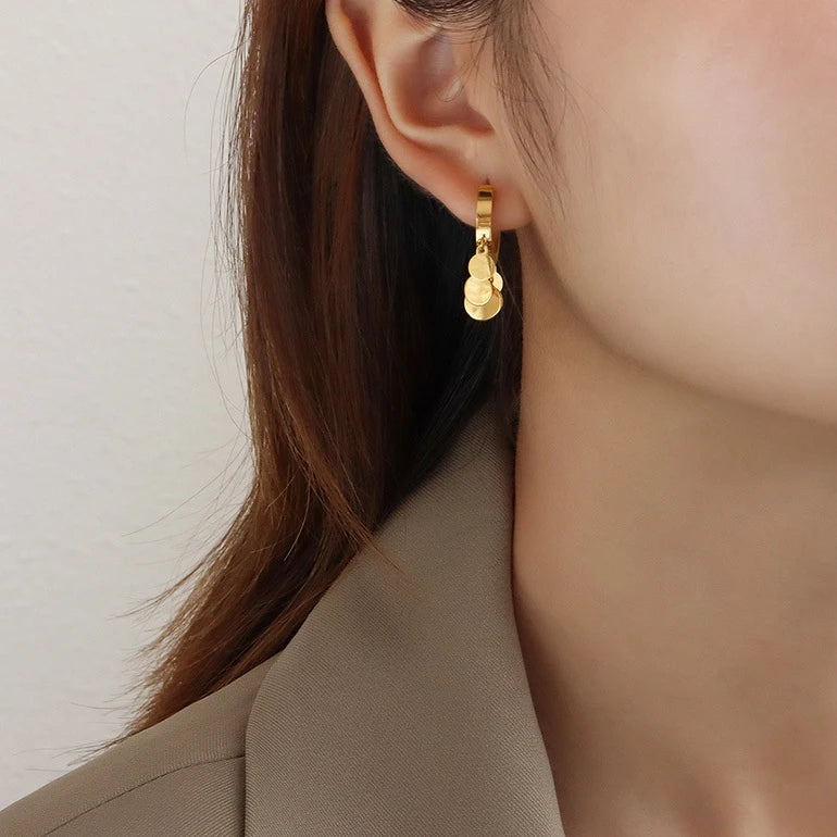 Korean Style Senior Sense of Exquisite Fashion for Women Earrings  18k Gold-Plated Waterproof Sequins Round Earrings