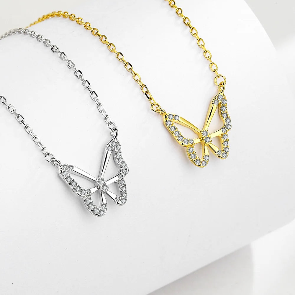 925 Sterling Silver CZ Zircon Dainty Hollow Butterfly Pendant Necklace for Women Wholesale