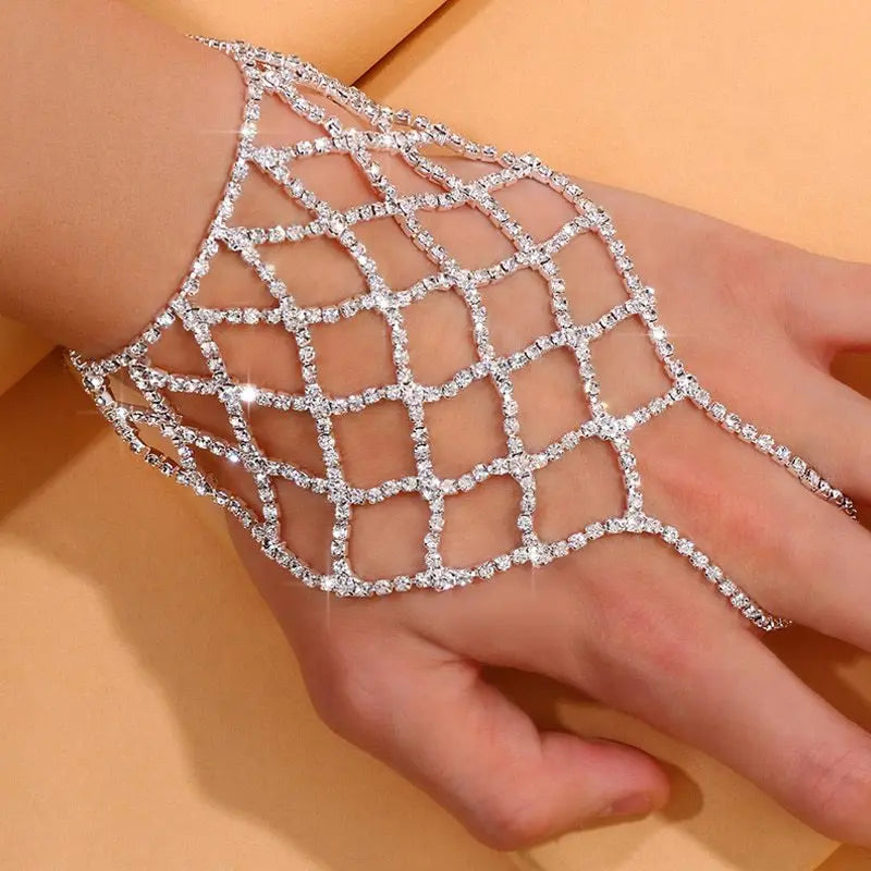 Edgy Grid Rhinestone Hand Chain with Individualistic Style - Trendy and Chic Full Diamond Hand Back Chain