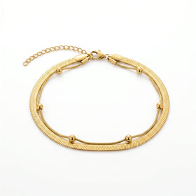 QIAOREN 11043 Double Layer Gold Anklet Stainless Steel Waterproof Snake Chain Beach Foot Jewelry for Women