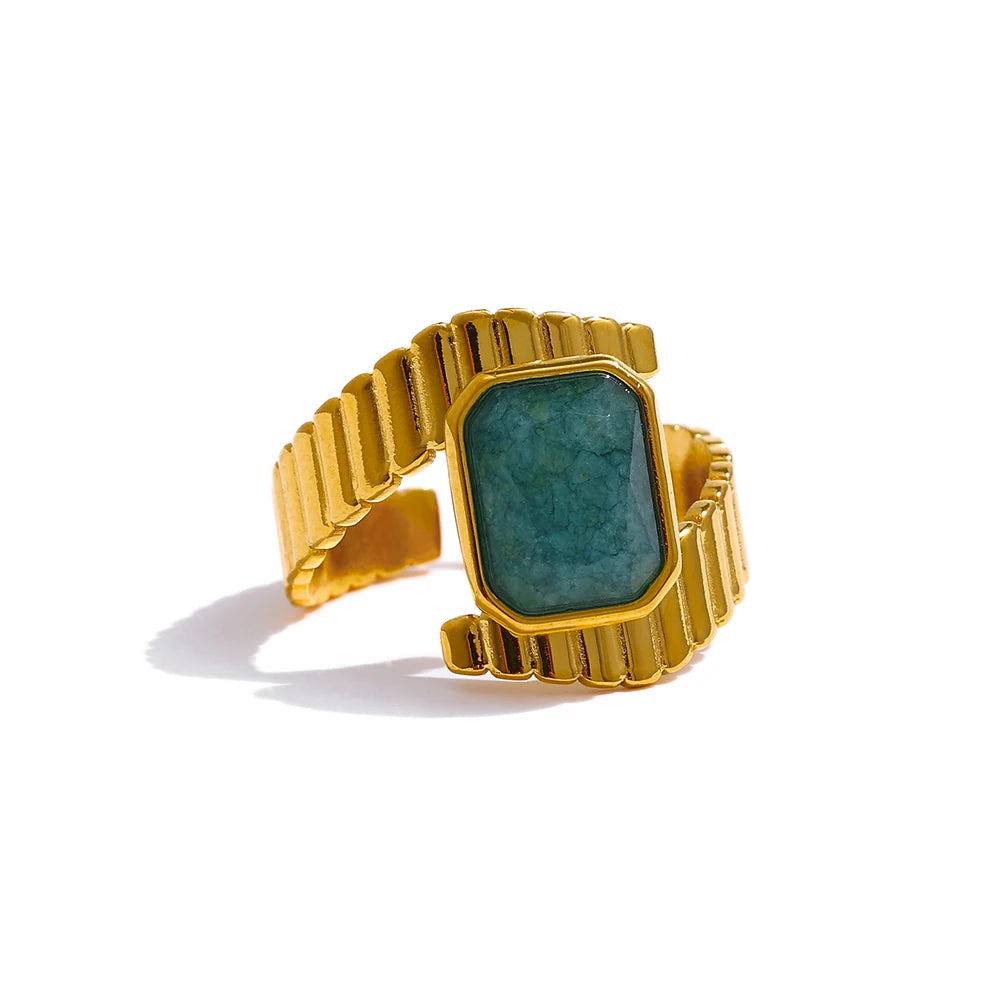 JINYOU 760 Stainless Steel Blue Apatite Ring Statement Metal Golden Opening Texture Waterproof Jewelry for Women New