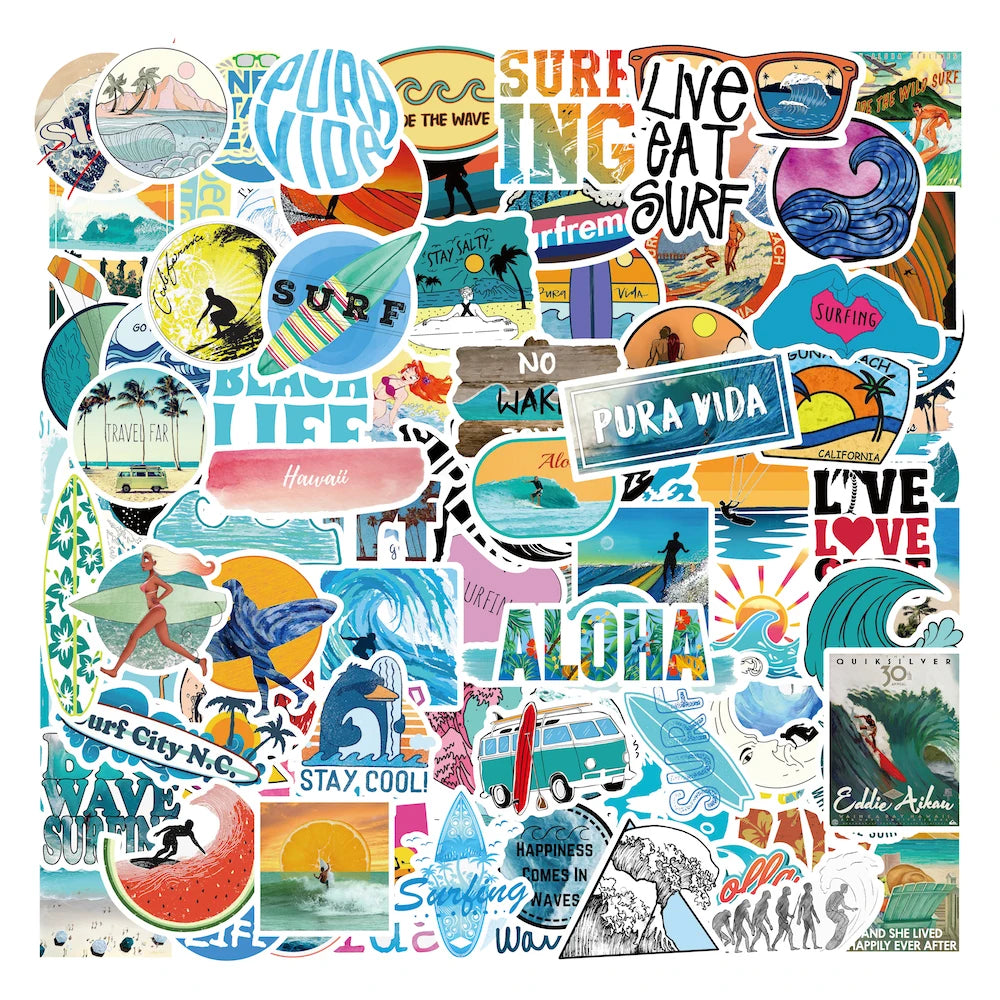100Pcs Summer Beach Surfing VSCO Fresh Graffiti Sticker Surfboard Laptop Phone Decor Hawaii Swimming Stickers