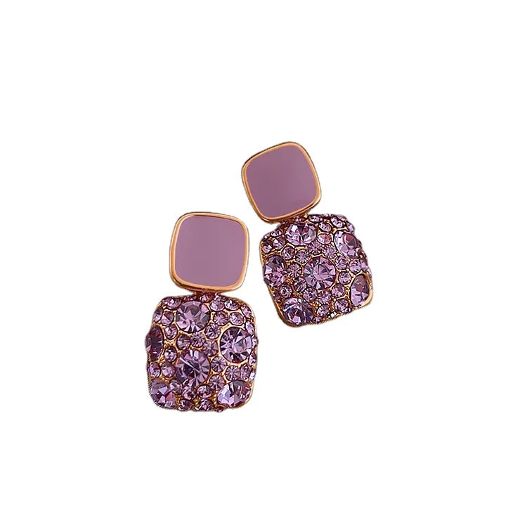 S925 Ins New Arrival Classic Purple Crystal Square Dangle Earrings Post Geometric Rhinestone Earring for Party
