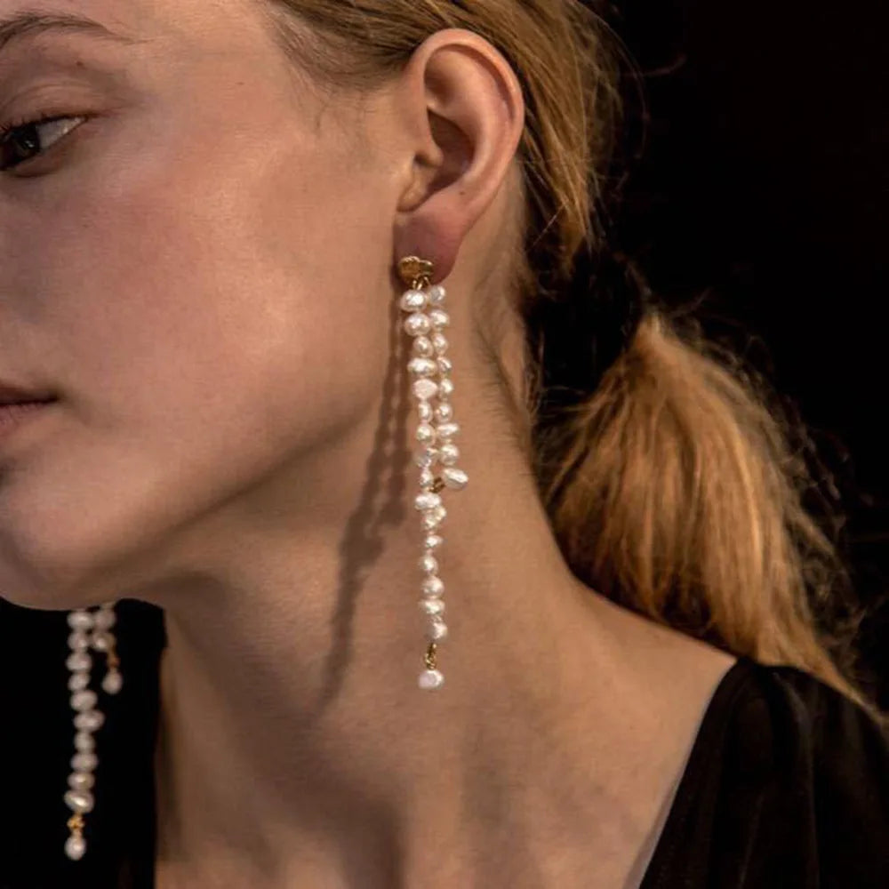 Fashion Personality Simple Design Freshwater Pearl Earrings Long Tassel Asymmetrical Freshwater Stud Earrings for Women