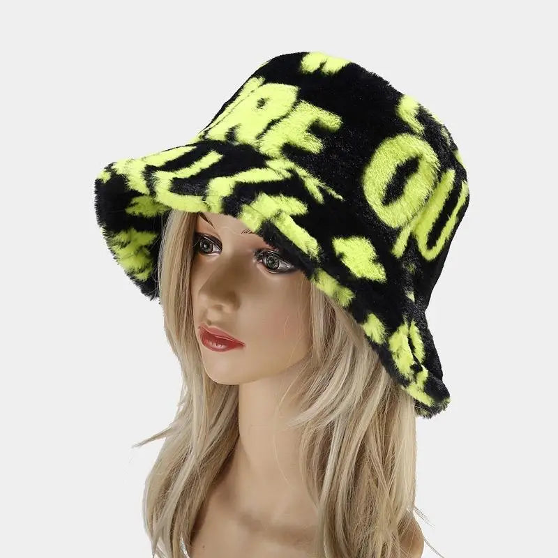 Winter Outdoor Bucket Hat Fluffy Faux Fur Letter Cossack Cap Karakul Fisherman Suede Plush Hats