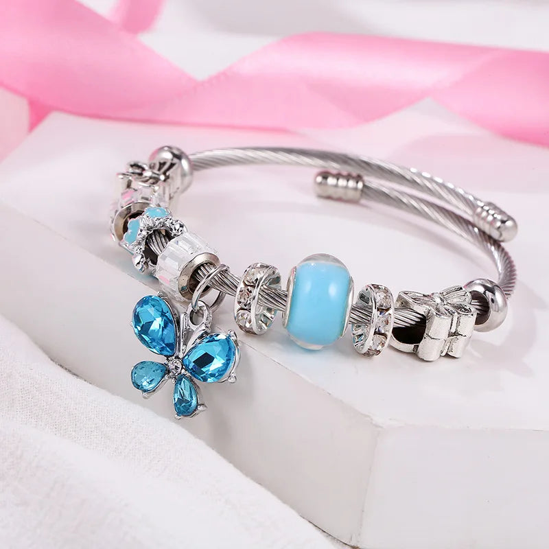 Women Luxury Adjustable Size Stainless Steel Bracelet Butterfly Four-Color Beaded Charm Bracelet