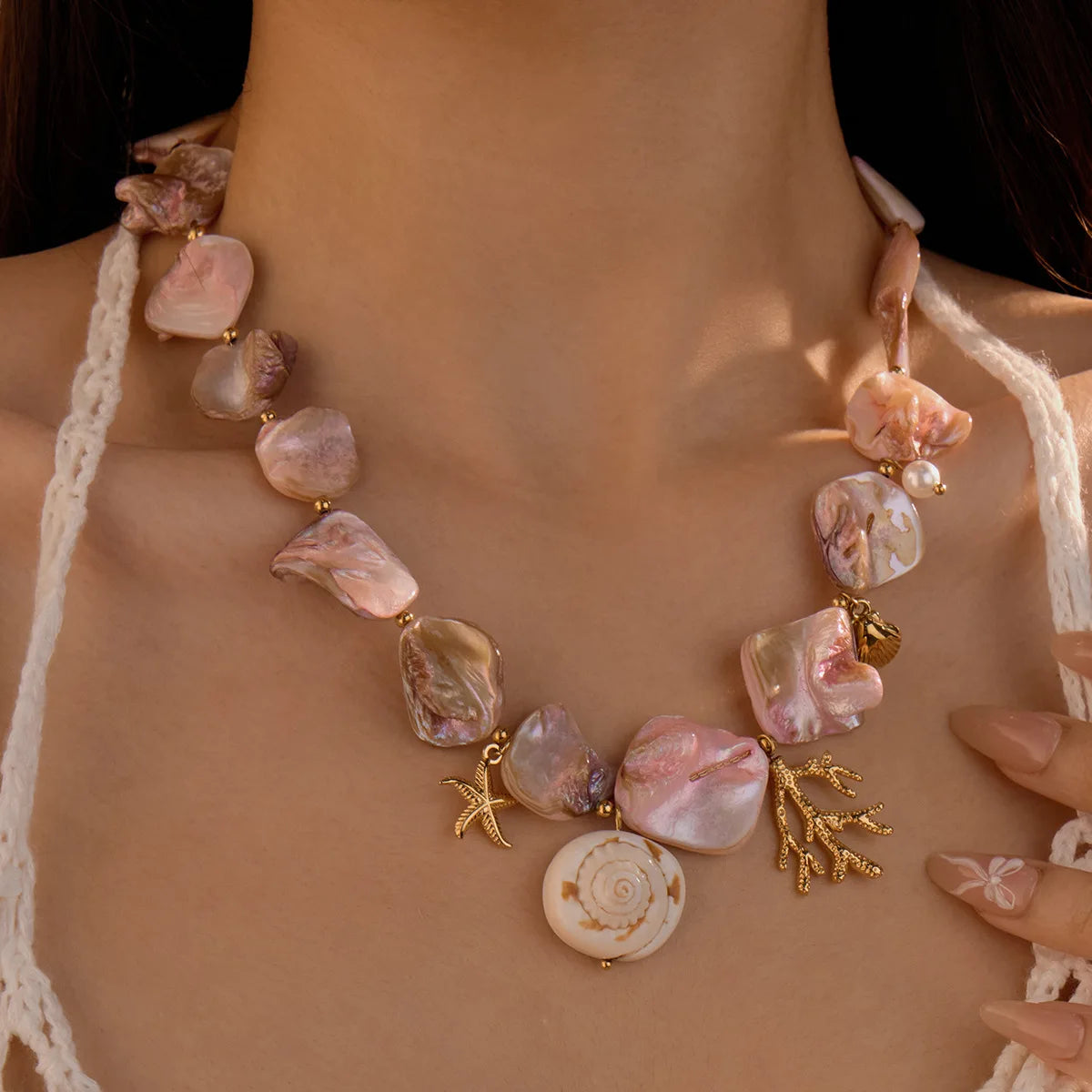 Summer Bohemia Ocean Styles Pink Natural Necklace Shell Stainless Steel Charm Necklace Women Jewelry
