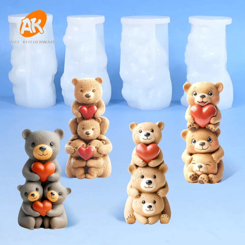 AK Heart Bears 3D Pudding Silicon Molds Candle Wax Mold Silicone Chocolate Ice Cream Cake Molds Decorating Supplies Valentine's