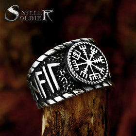 SS8-1194R Unique Design Stainless Steel Viking Runes Amulet Vegvisir Ring Compass Ring Classic Jewelry for Men Gift