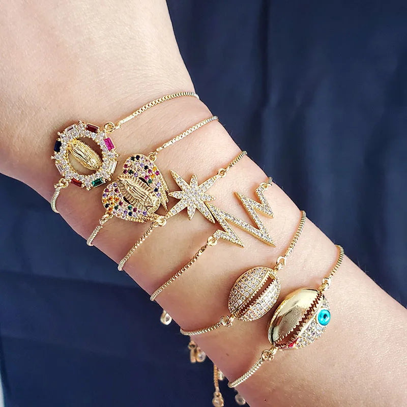 BC1264  18k Gold Plated Brass CZ Micro Pave Virgin Mary Star Evil Eyes Wrist Bracelet Women Adjustable Bracelet