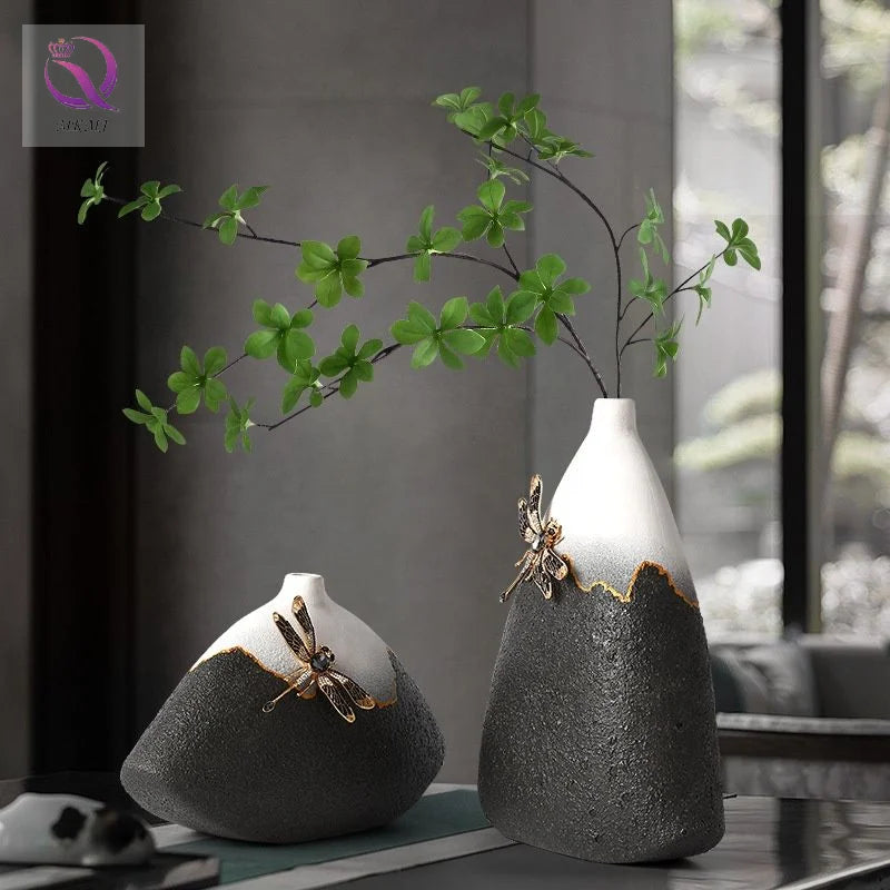 New Arrival Wabi Sabi Style Decorative Enamel Vases White Black Ceramic Flower Vase for Modern Home Decor Ornament
