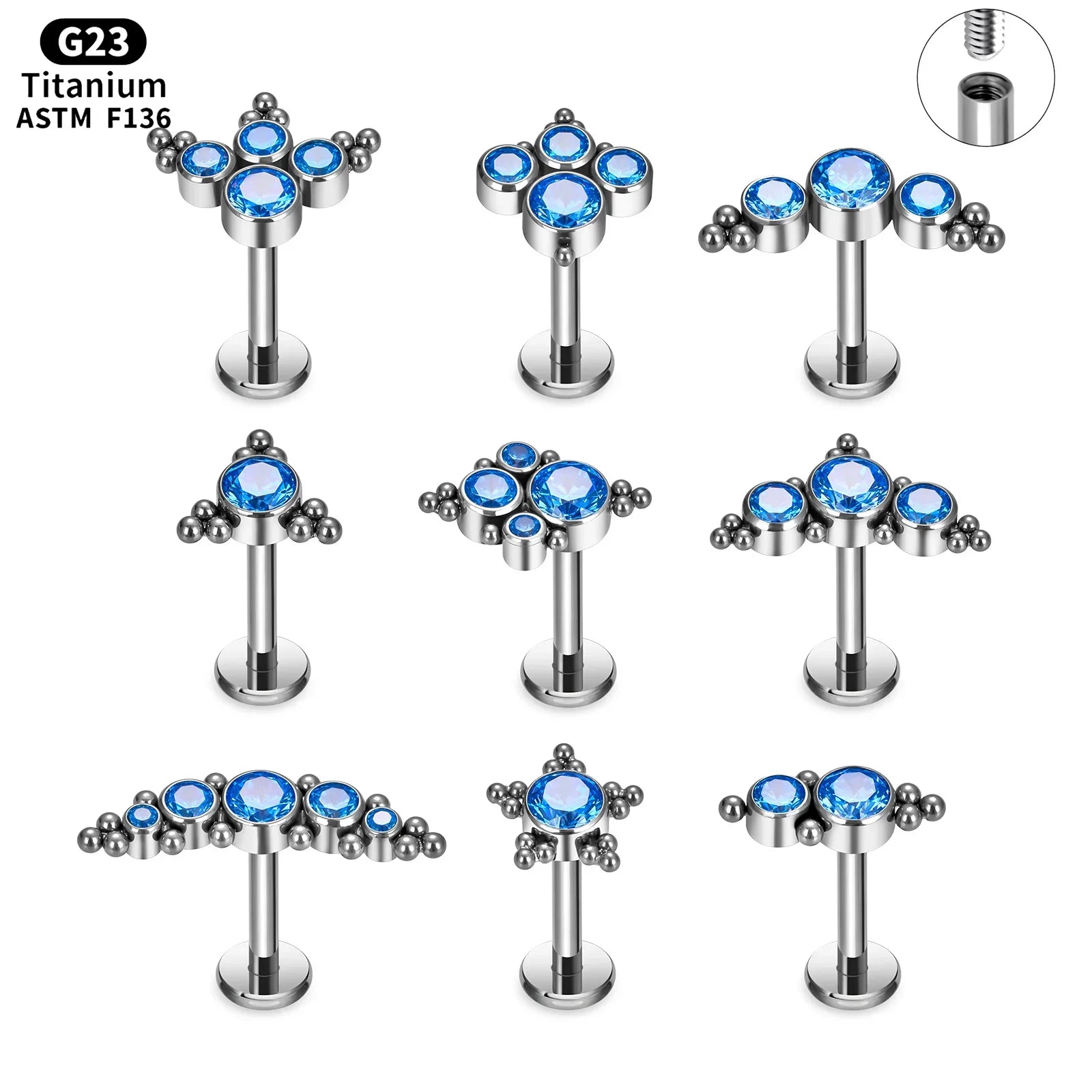 Implant Grade G23 Titanium Triple Marquise CZ Internally Threaded Labret Monroe Lip Cartilage Helix Medusa Monroe 16G Piercing