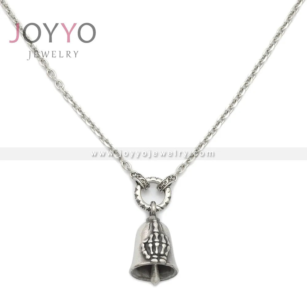 Viking Biker Chains Stainless Steel Pendant Bell Hip Hop Necklace Metal Skull Hand Bone Bell Pendant Necklace Jewelry Set