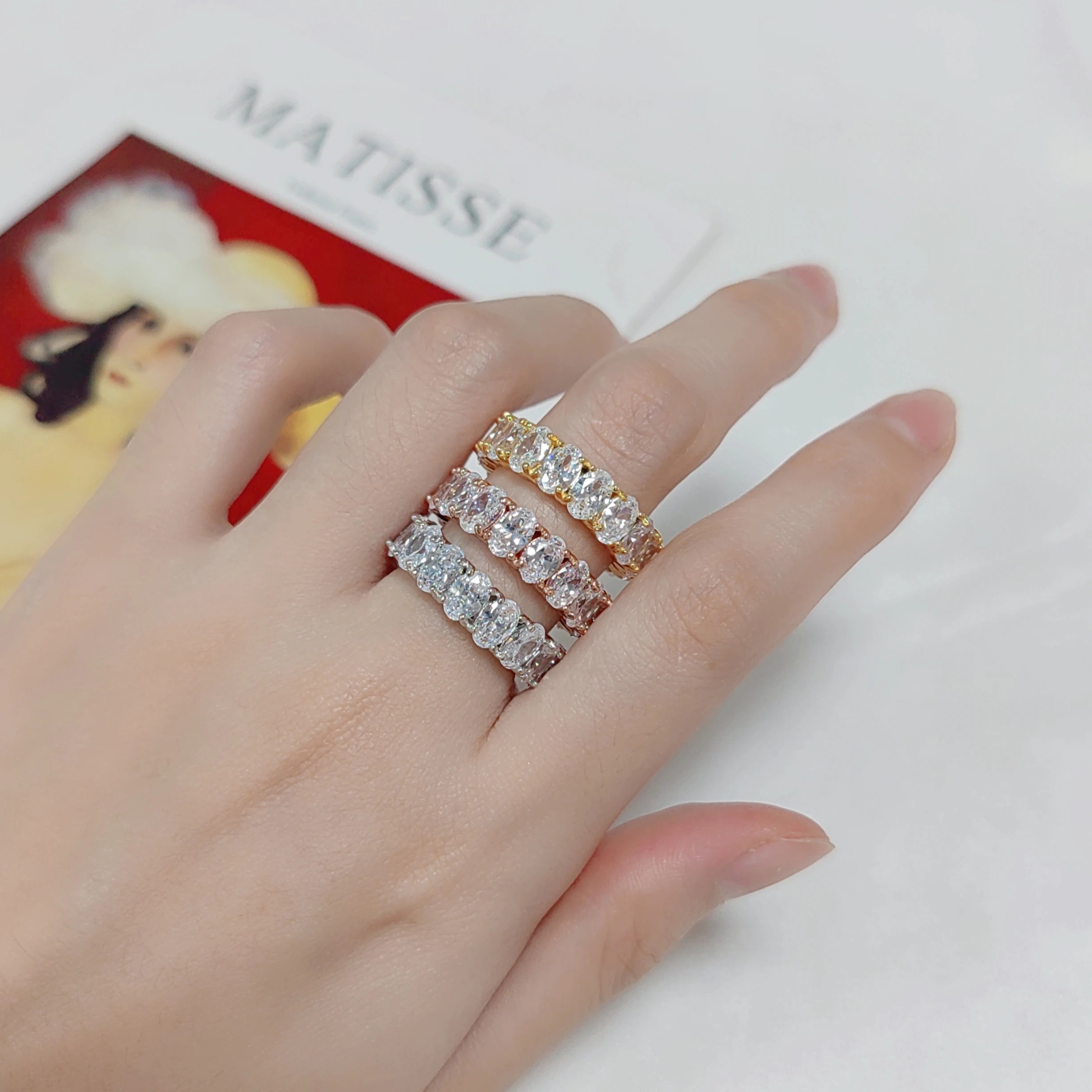 C7530 Wholesale Hip Hop 925 Sterling Silver Oval Cut 4x6mm Cubic Zirconia Iced Out Full CZ Diamond Band Eternity Ring