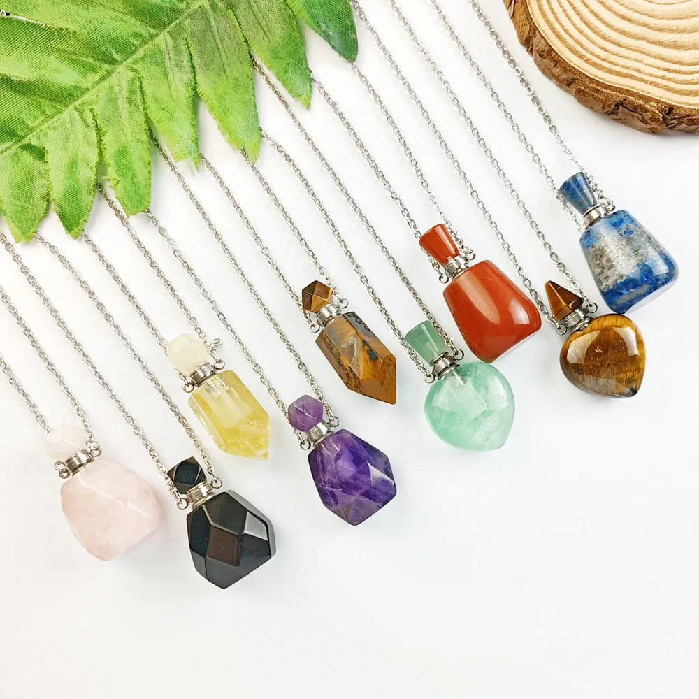 Natural Gemstone Stainless Steel Essential Oil Perfume Bottle Pendant Fluorite Amethyst Rose Quartz Chains Gift Fashion Jewelry